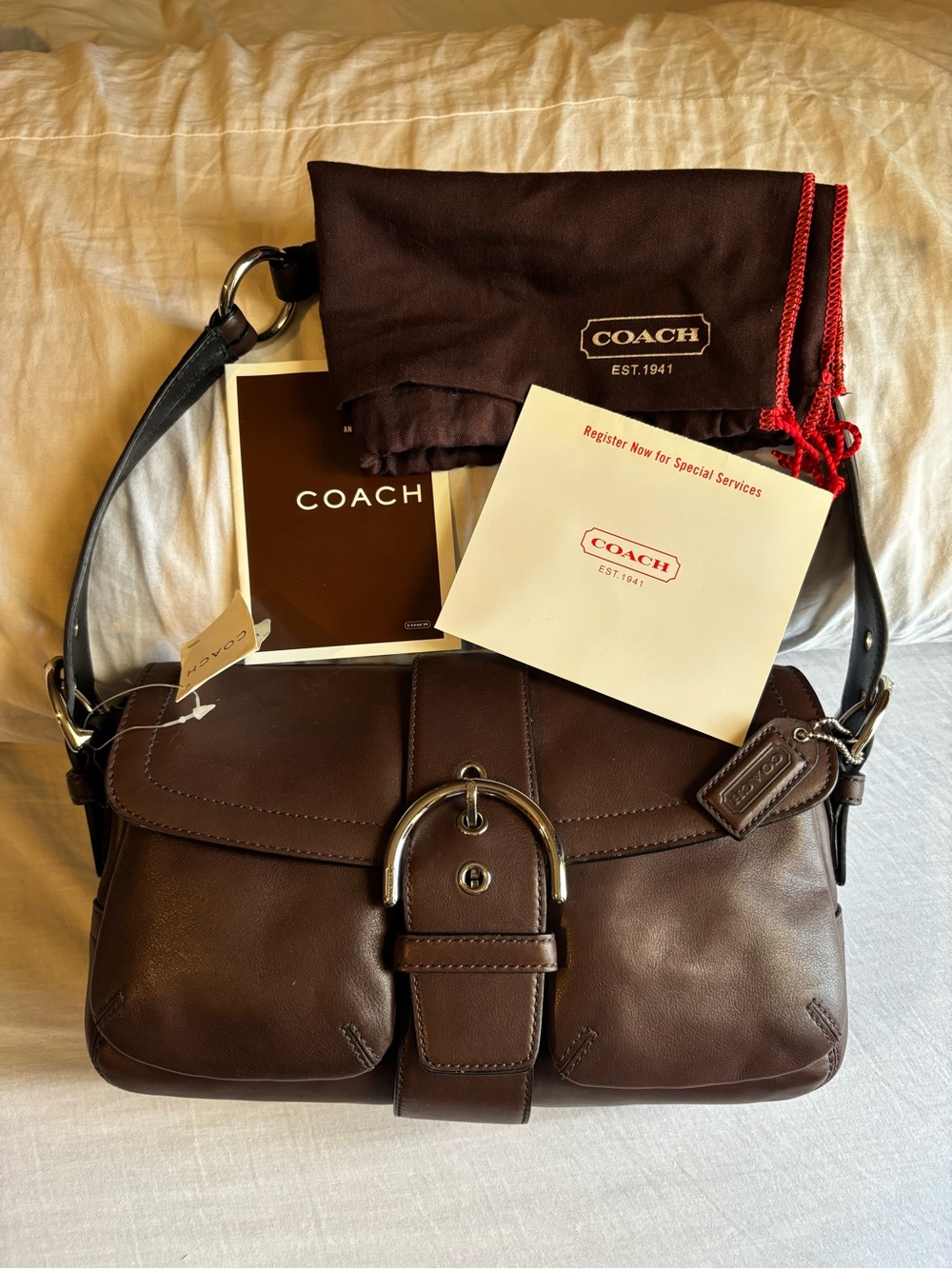 Coach Brown Leather Messenger Bag with Silver Hardware